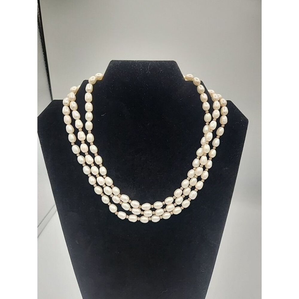 Triple Strand Freshwater Rice Pearl Necklace, Gold Beads & 925 Closure 17"